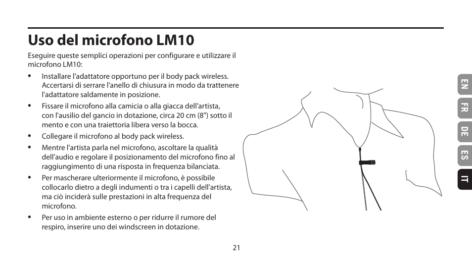 Uso del microfono lm10 | Samson LM10 Omnidirectional Lavalier Microphone for Wireless User Manual | Page 21 / 24