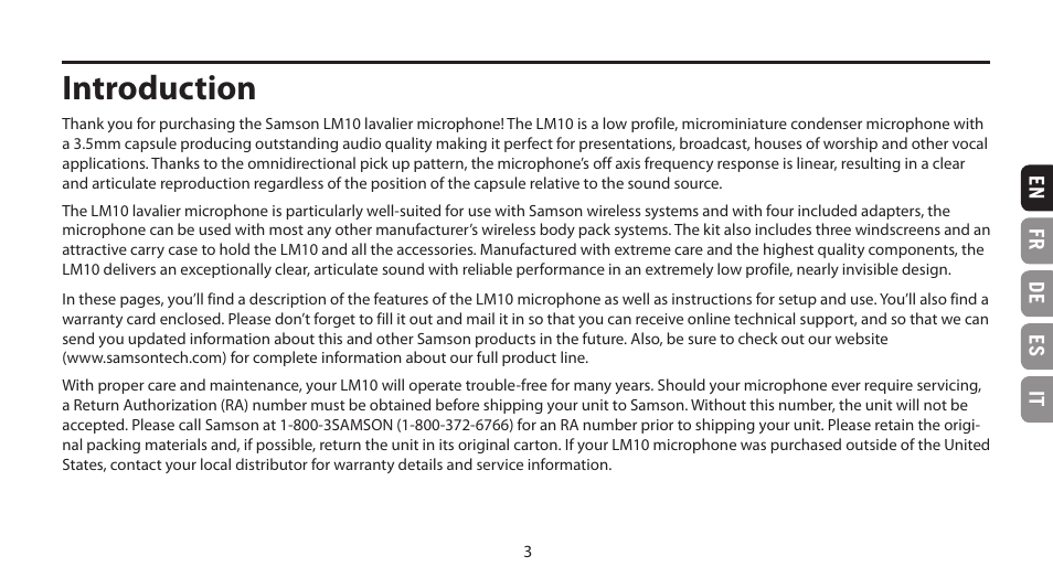 Introduction | Samson LM10 Omnidirectional Lavalier Microphone for Wireless User Manual | Page 3 / 24