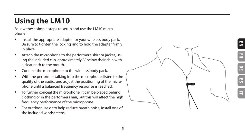 Using the lm10 | Samson LM10 Omnidirectional Lavalier Microphone for Wireless User Manual | Page 5 / 24