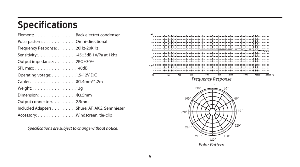 Specifications | Samson LM10 Omnidirectional Lavalier Microphone for Wireless User Manual | Page 6 / 24