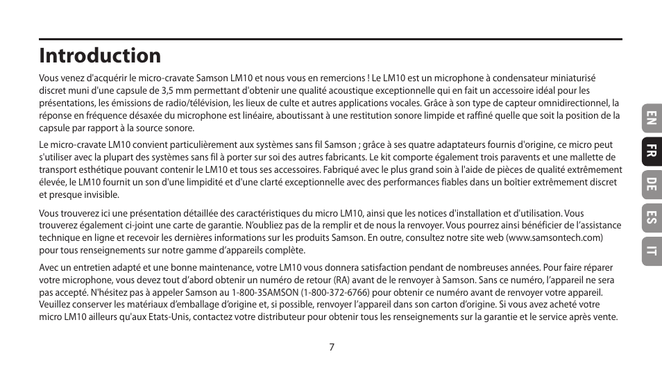 Introduction, En fr de es it | Samson LM10 Omnidirectional Lavalier Microphone for Wireless User Manual | Page 7 / 24