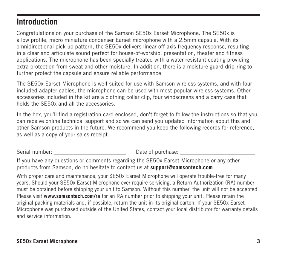 Introduction | Samson SE50x Omnidirectional Earset Microphone for Wireless Transmitters (Beige) User Manual | Page 3 / 8