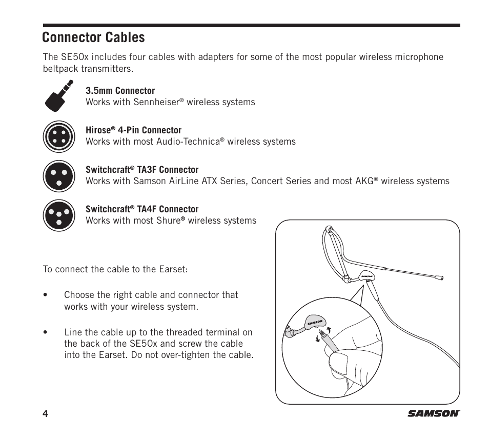 Connector cables | Samson SE50x Omnidirectional Earset Microphone for Wireless Transmitters (Beige) User Manual | Page 4 / 8