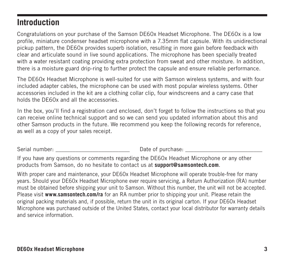 Introduction | Samson DE60x Unidirectional Miniature Headset Microphone for Wireless Transmitters User Manual | Page 3 / 12