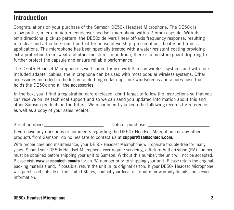 Introduction | Samson DE50x Omnidirectional Micro-Miniature Headset Microphone for Wireless Transmitters (Beige) User Manual | Page 3 / 12