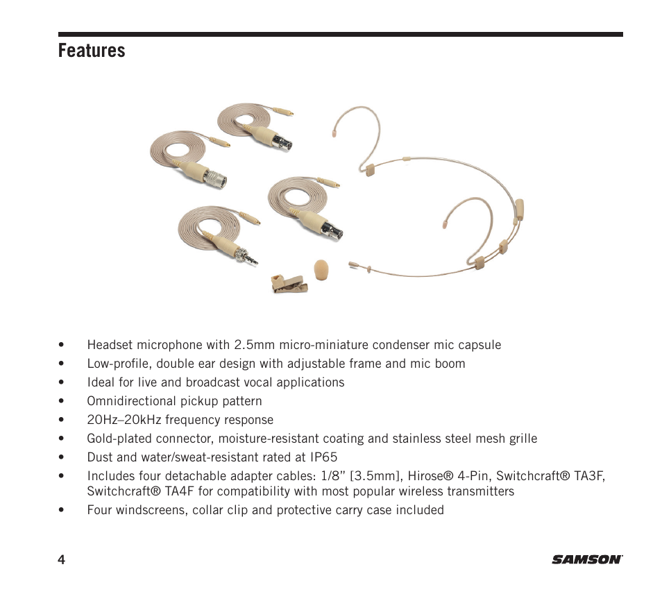 Features | Samson DE50x Omnidirectional Micro-Miniature Headset Microphone for Wireless Transmitters (Beige) User Manual | Page 4 / 12