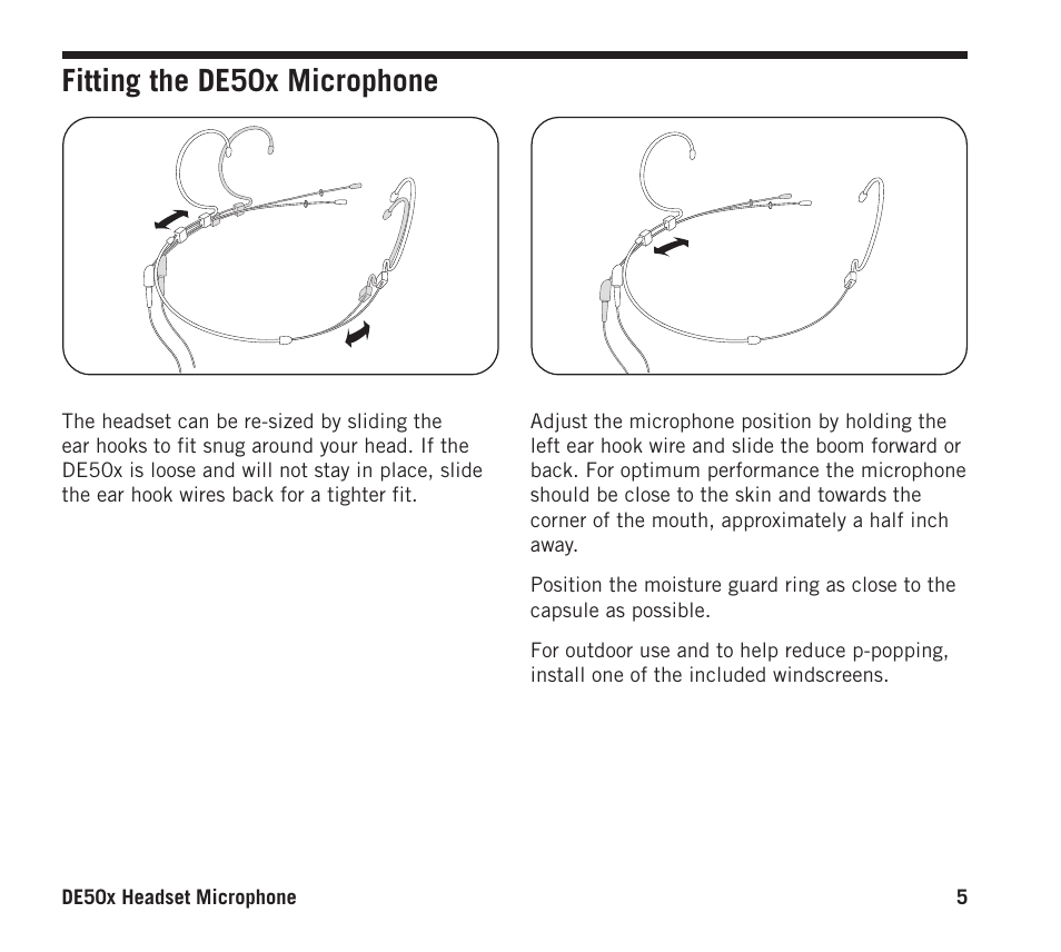 Fitting the de50x microphone | Samson DE50x Omnidirectional Micro-Miniature Headset Microphone for Wireless Transmitters (Beige) User Manual | Page 5 / 12