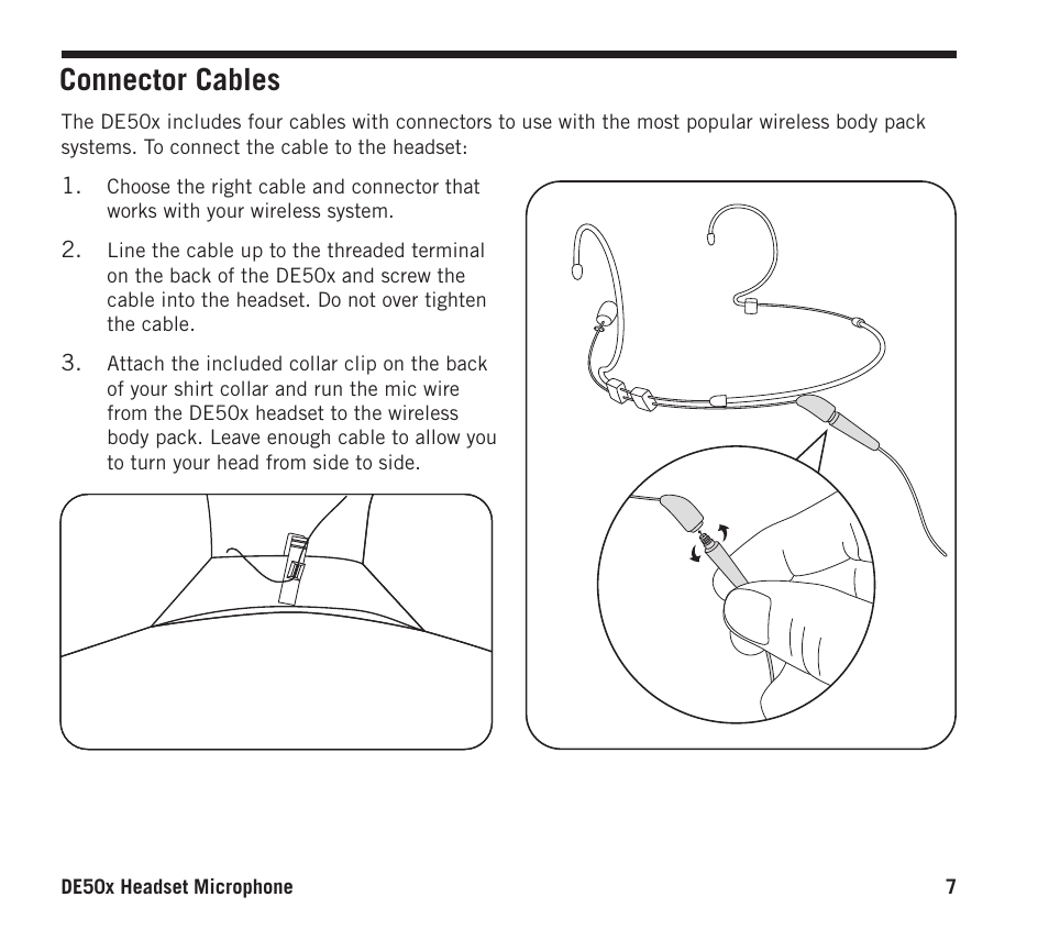 Connector cables | Samson DE50x Omnidirectional Micro-Miniature Headset Microphone for Wireless Transmitters (Beige) User Manual | Page 7 / 12