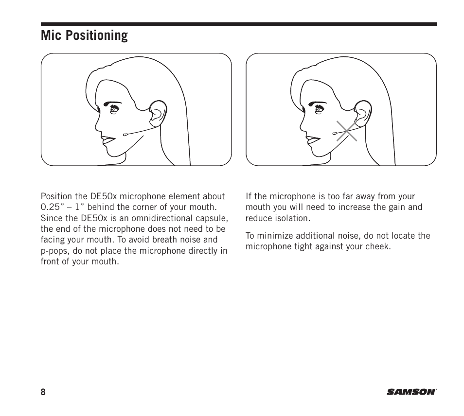 Mic positioning | Samson DE50x Omnidirectional Micro-Miniature Headset Microphone for Wireless Transmitters (Beige) User Manual | Page 8 / 12