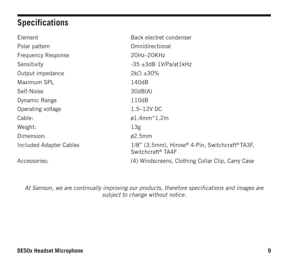 Specifications | Samson DE50x Omnidirectional Micro-Miniature Headset Microphone for Wireless Transmitters (Beige) User Manual | Page 9 / 12