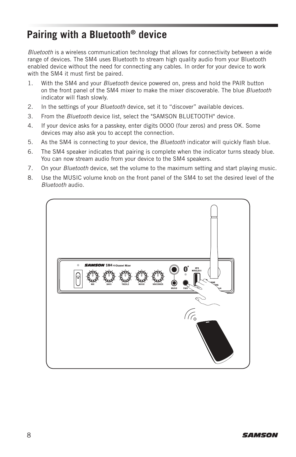 Pairing with a bluetooth, Device | Samson SM4 4-Channel Rack-Mountable Mixer with Bluetooth User Manual | Page 10 / 48