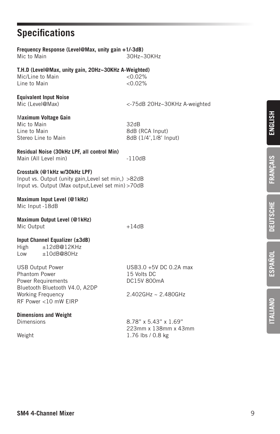 Specifications | Samson SM4 4-Channel Rack-Mountable Mixer with Bluetooth User Manual | Page 11 / 48