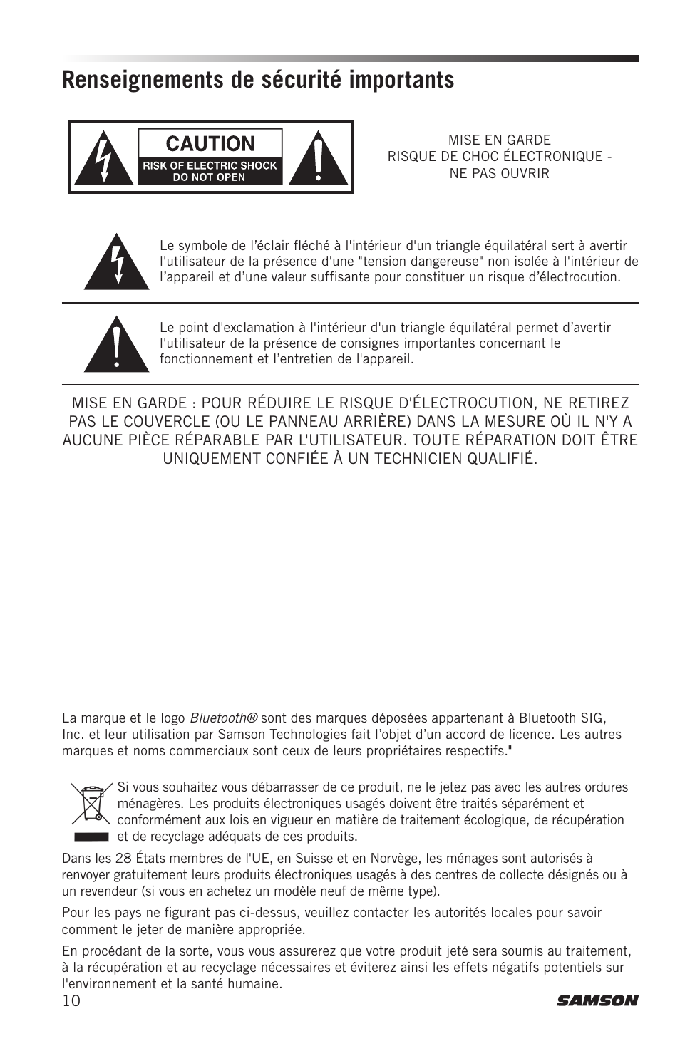 Renseignements de sécurité importants | Samson SM4 4-Channel Rack-Mountable Mixer with Bluetooth User Manual | Page 12 / 48