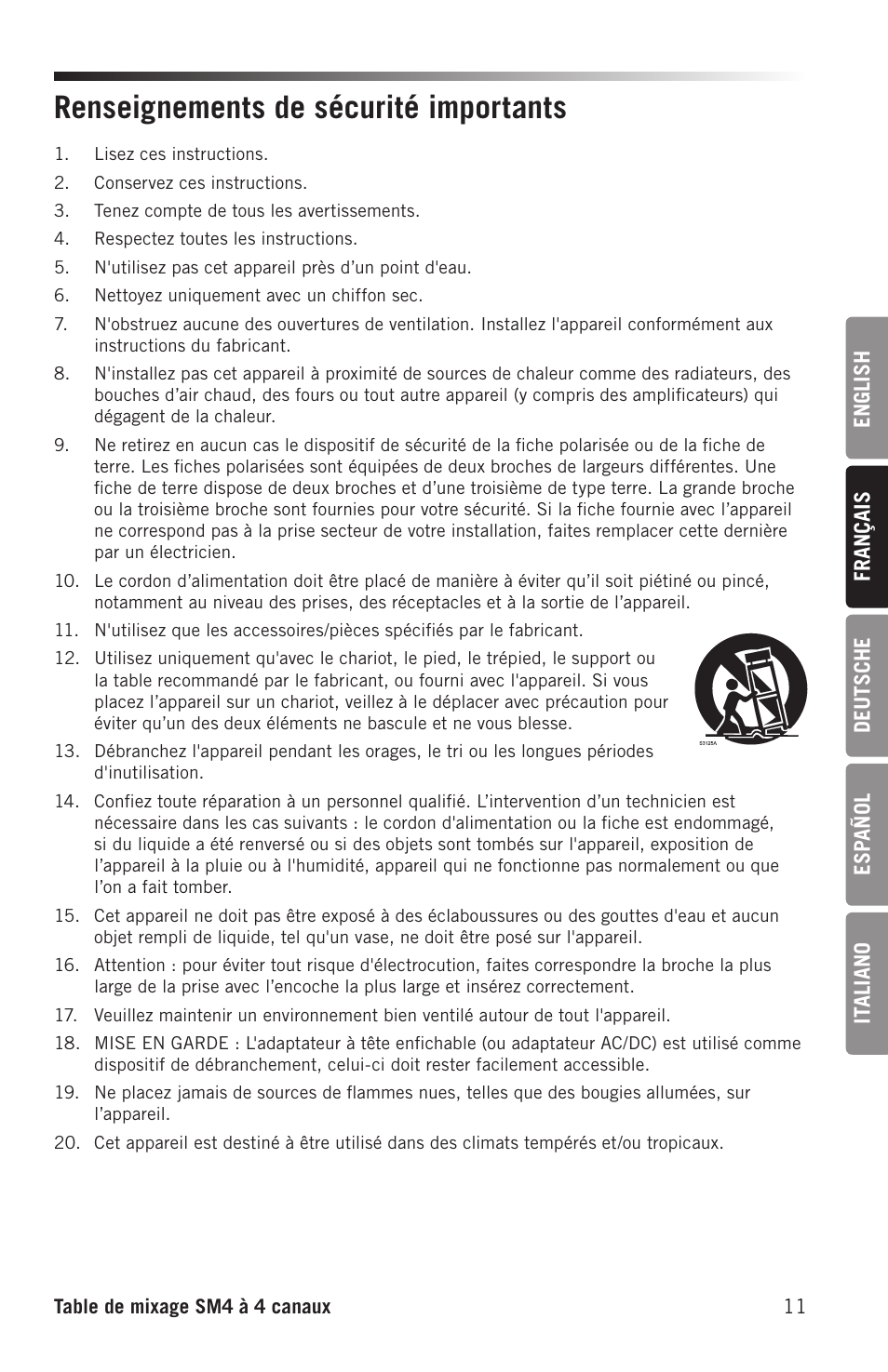 Renseignements de sécurité importants | Samson SM4 4-Channel Rack-Mountable Mixer with Bluetooth User Manual | Page 13 / 48