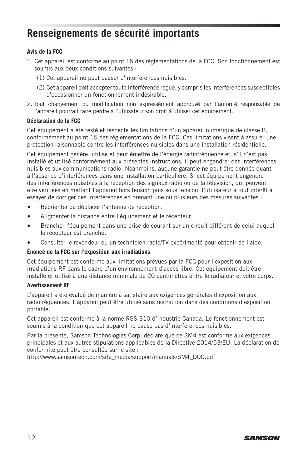 Renseignements de sécurité importants | Samson SM4 4-Channel Rack-Mountable Mixer with Bluetooth User Manual | Page 14 / 48
