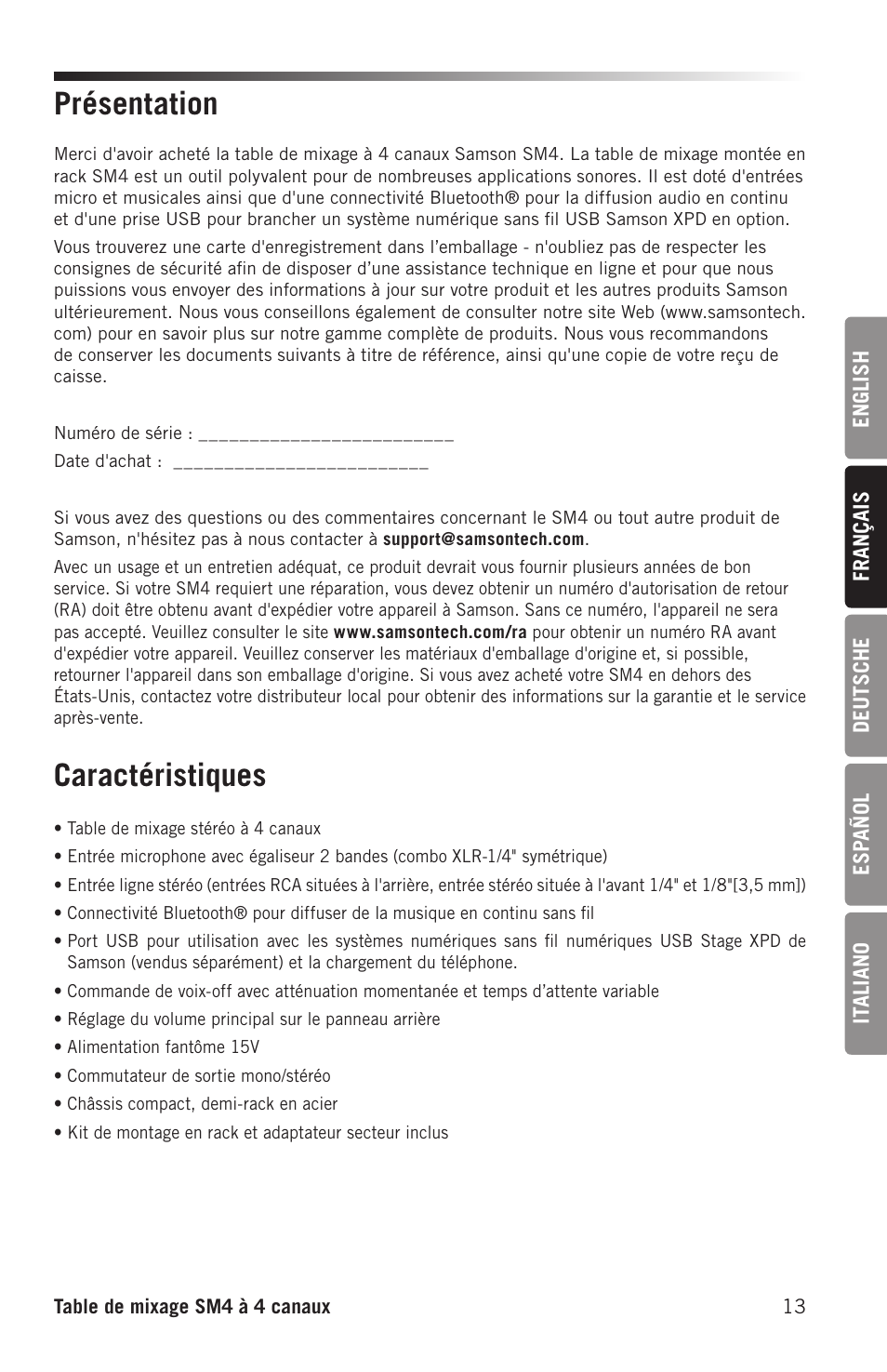 Présentation caractéristiques | Samson SM4 4-Channel Rack-Mountable Mixer with Bluetooth User Manual | Page 15 / 48