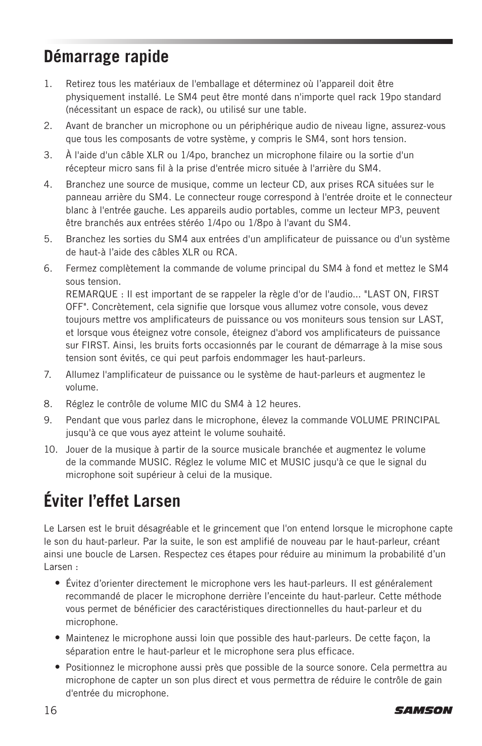 Démarrage rapide, Éviter l’effet larsen | Samson SM4 4-Channel Rack-Mountable Mixer with Bluetooth User Manual | Page 18 / 48