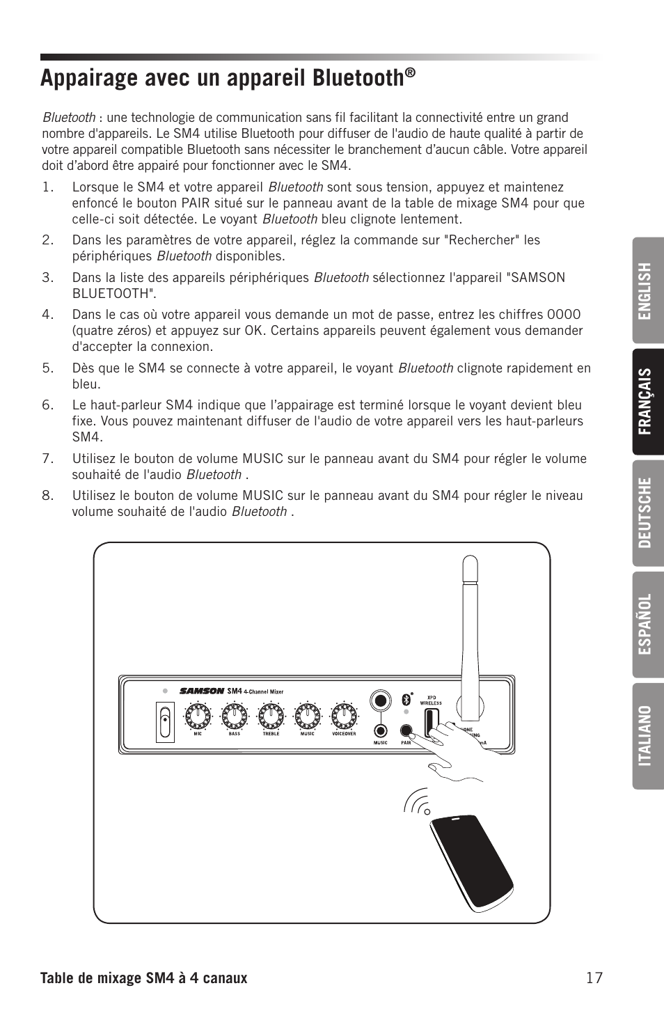 Appairage avec un appareil bluetooth | Samson SM4 4-Channel Rack-Mountable Mixer with Bluetooth User Manual | Page 19 / 48