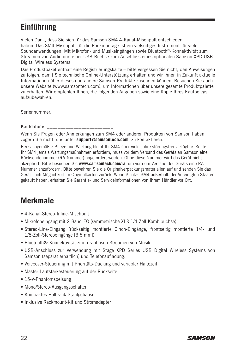 Einführung merkmale | Samson SM4 4-Channel Rack-Mountable Mixer with Bluetooth User Manual | Page 24 / 48