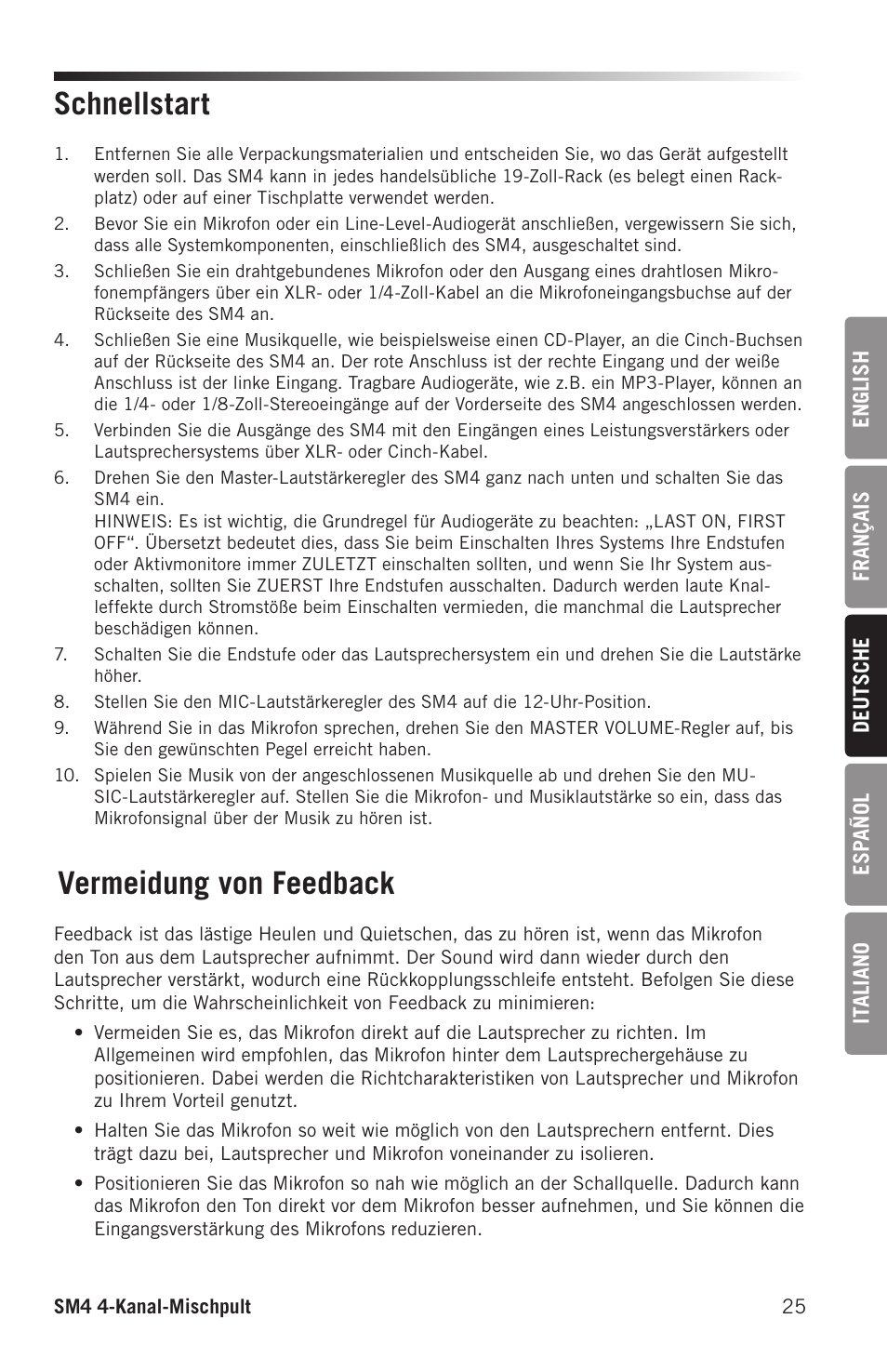 Schnellstart, Vermeidung von feedback | Samson SM4 4-Channel Rack-Mountable Mixer with Bluetooth User Manual | Page 27 / 48