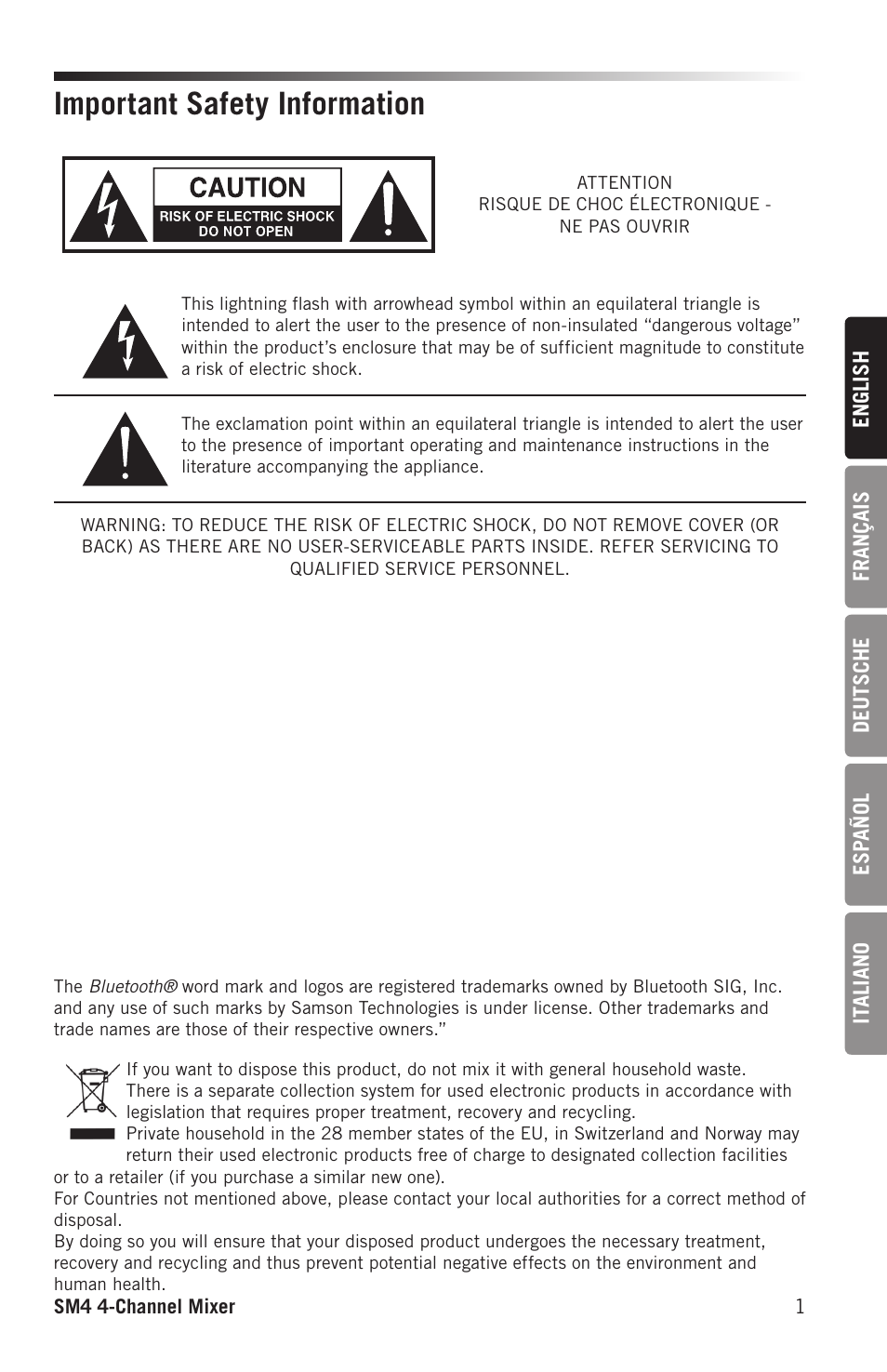 Important safety information | Samson SM4 4-Channel Rack-Mountable Mixer with Bluetooth User Manual | Page 3 / 48