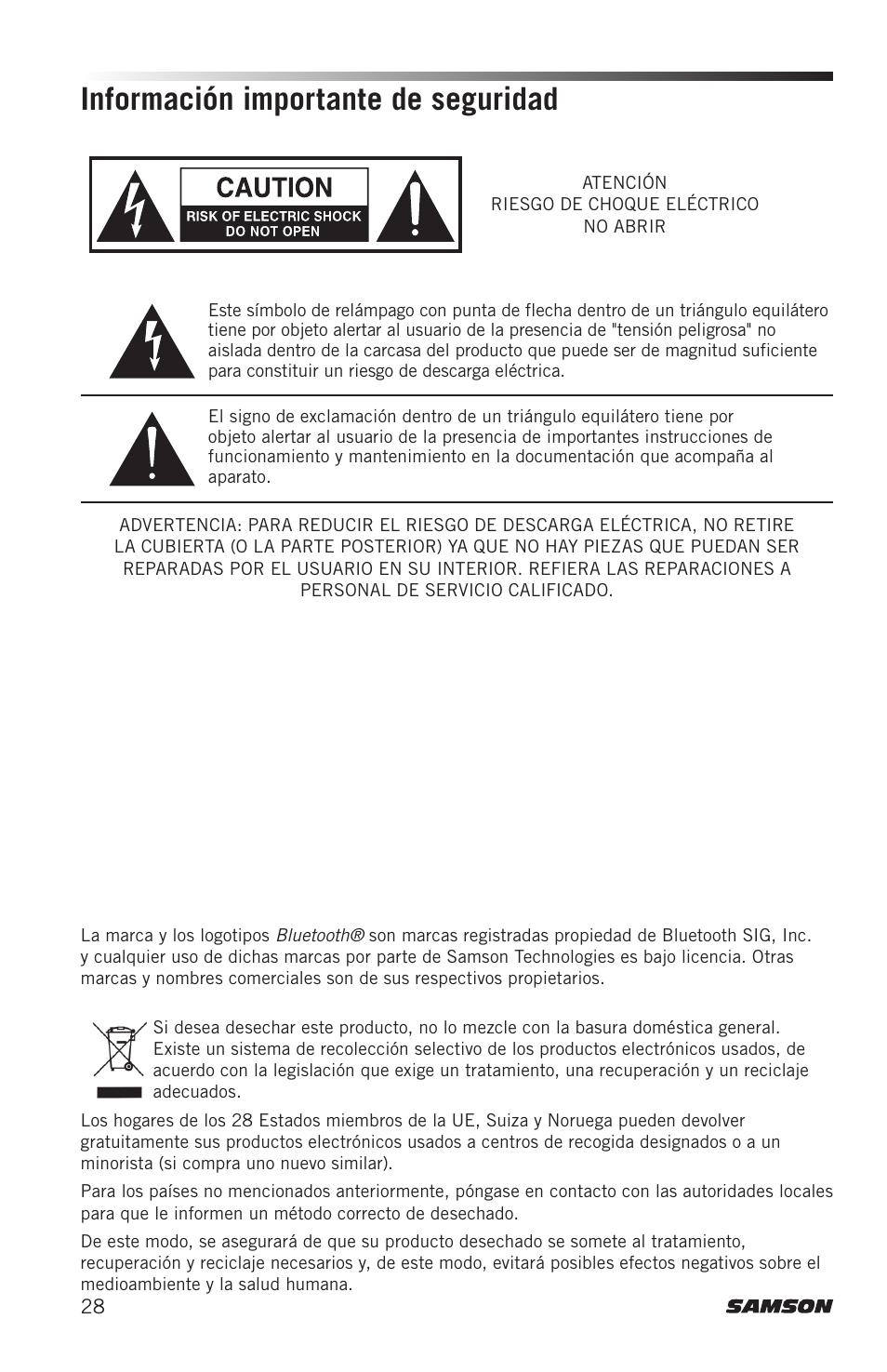 Información importante de seguridad | Samson SM4 4-Channel Rack-Mountable Mixer with Bluetooth User Manual | Page 30 / 48
