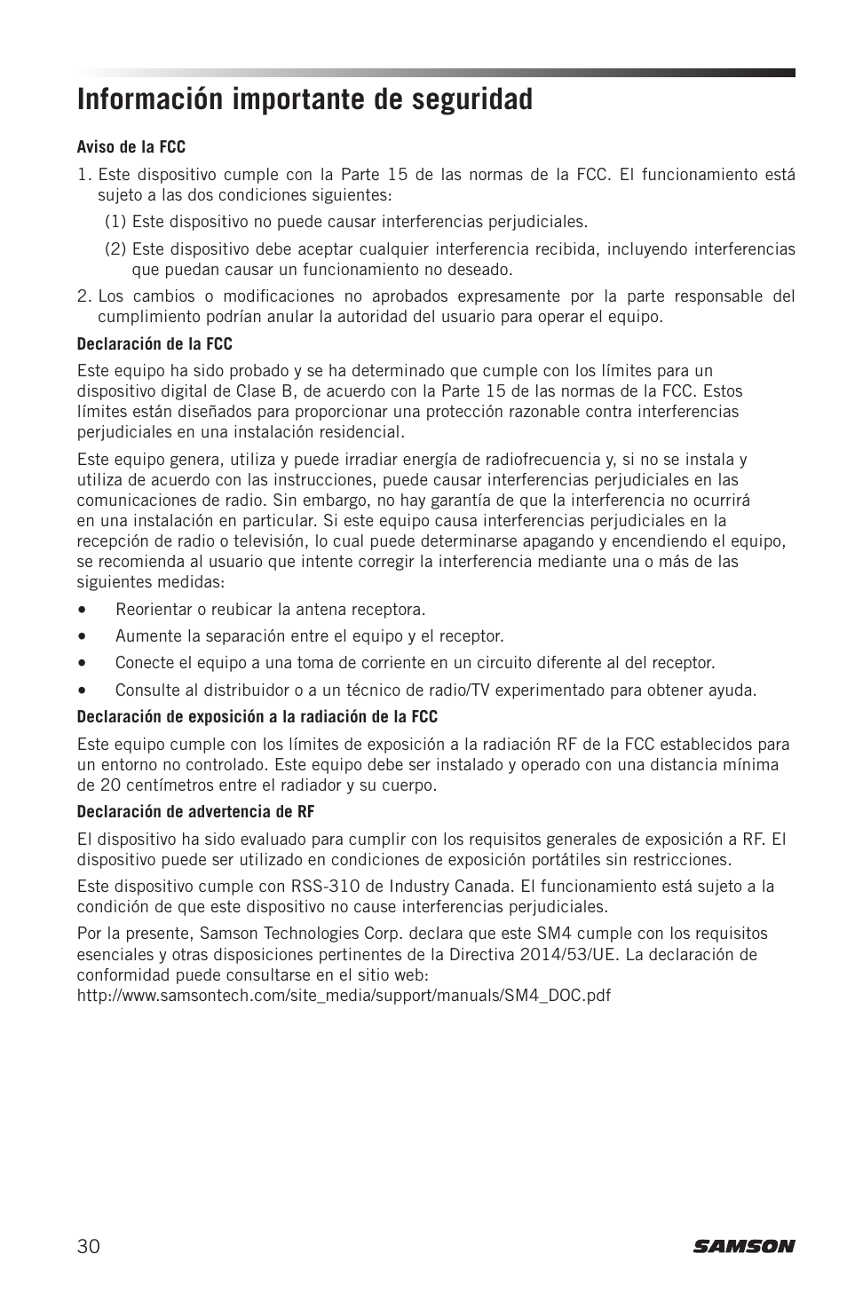 Información importante de seguridad | Samson SM4 4-Channel Rack-Mountable Mixer with Bluetooth User Manual | Page 32 / 48