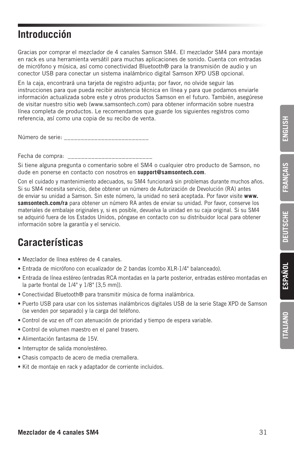 Introducción características | Samson SM4 4-Channel Rack-Mountable Mixer with Bluetooth User Manual | Page 33 / 48