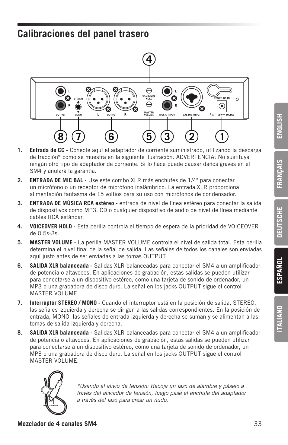 Calibraciones del panel trasero | Samson SM4 4-Channel Rack-Mountable Mixer with Bluetooth User Manual | Page 35 / 48