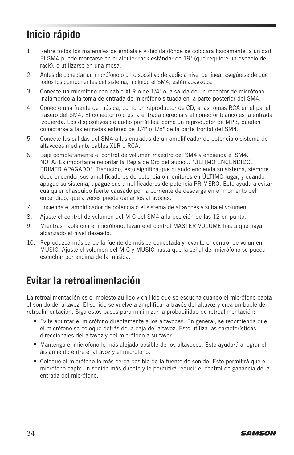 Inicio rápido, Evitar la retroalimentación | Samson SM4 4-Channel Rack-Mountable Mixer with Bluetooth User Manual | Page 36 / 48