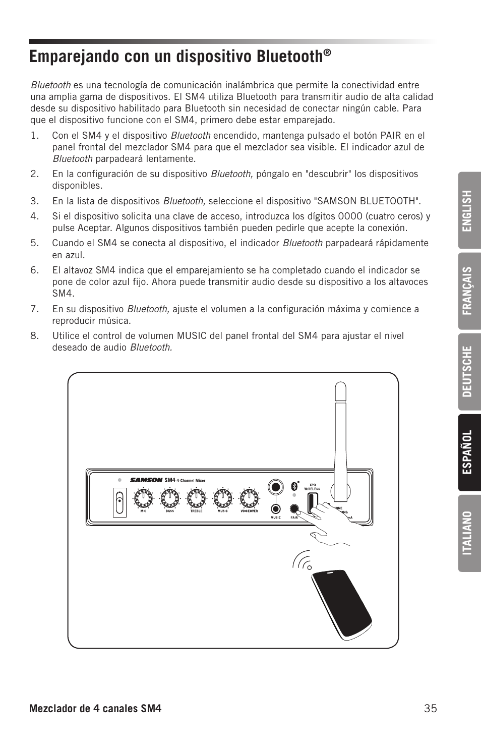 Emparejando con un dispositivo bluetooth | Samson SM4 4-Channel Rack-Mountable Mixer with Bluetooth User Manual | Page 37 / 48