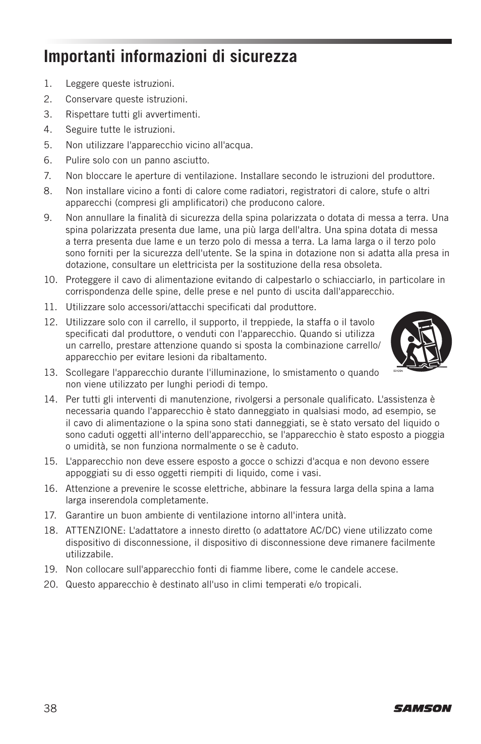 Importanti informazioni di sicurezza | Samson SM4 4-Channel Rack-Mountable Mixer with Bluetooth User Manual | Page 40 / 48