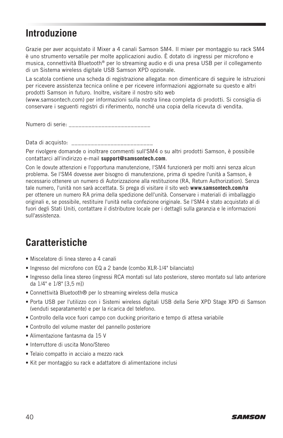 Introduzione caratteristiche | Samson SM4 4-Channel Rack-Mountable Mixer with Bluetooth User Manual | Page 42 / 48