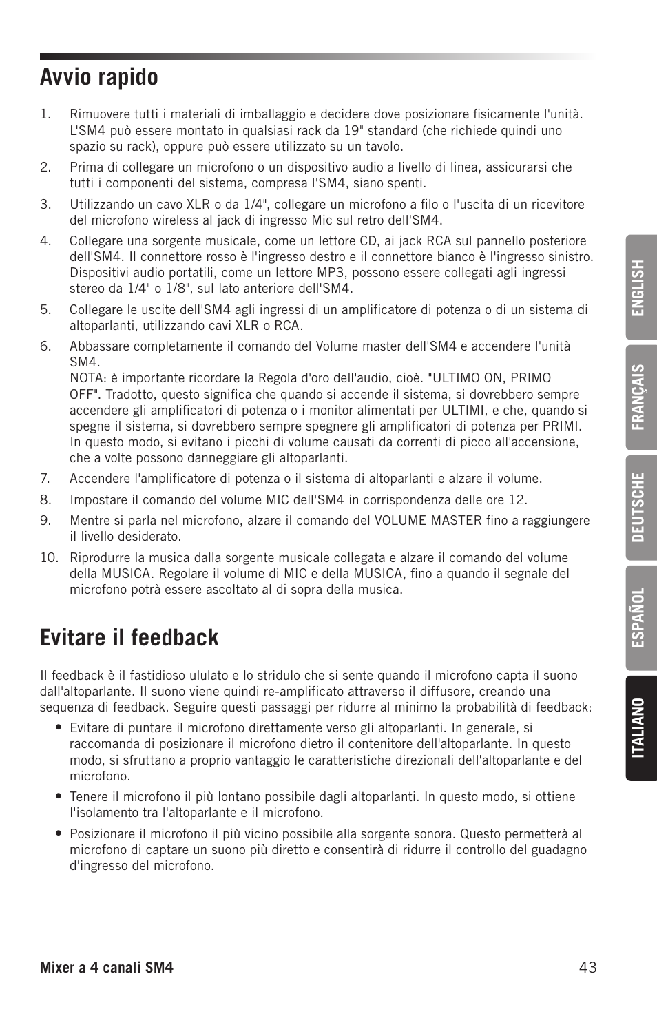 Avvio rapido, Evitare il feedback | Samson SM4 4-Channel Rack-Mountable Mixer with Bluetooth User Manual | Page 45 / 48