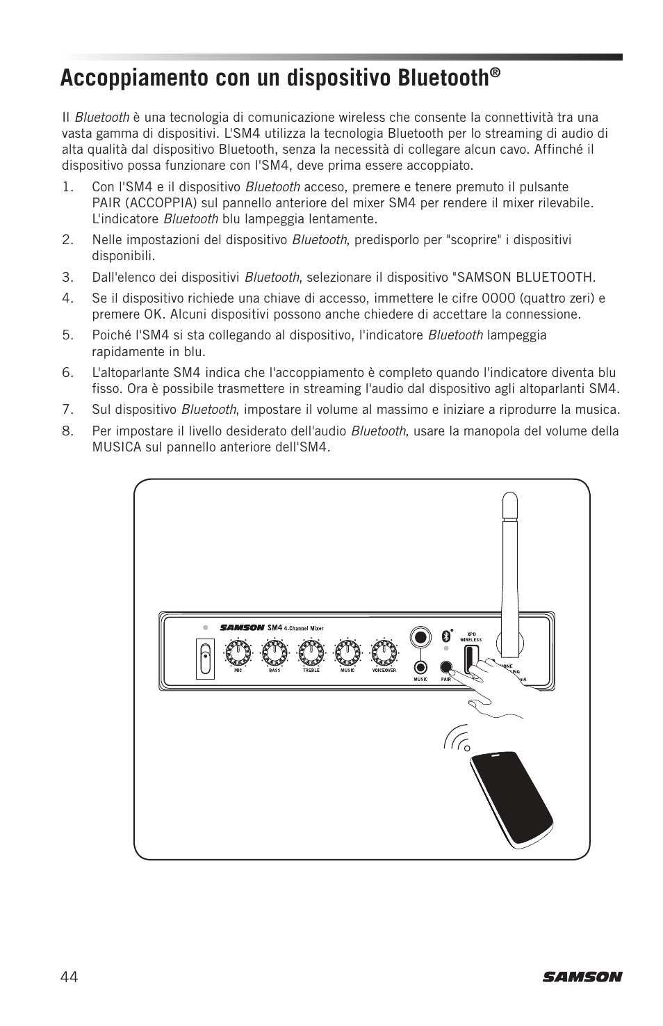 Accoppiamento con un dispositivo bluetooth | Samson SM4 4-Channel Rack-Mountable Mixer with Bluetooth User Manual | Page 46 / 48