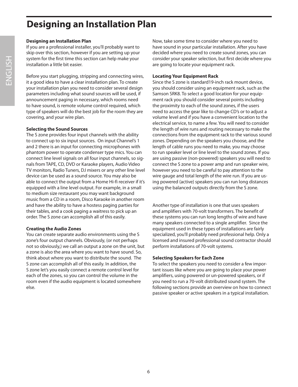 Designing an installation plan, English | Samson SZONE 4 Channel/4 Zone Stereo Mixer User Manual | Page 10 / 108
