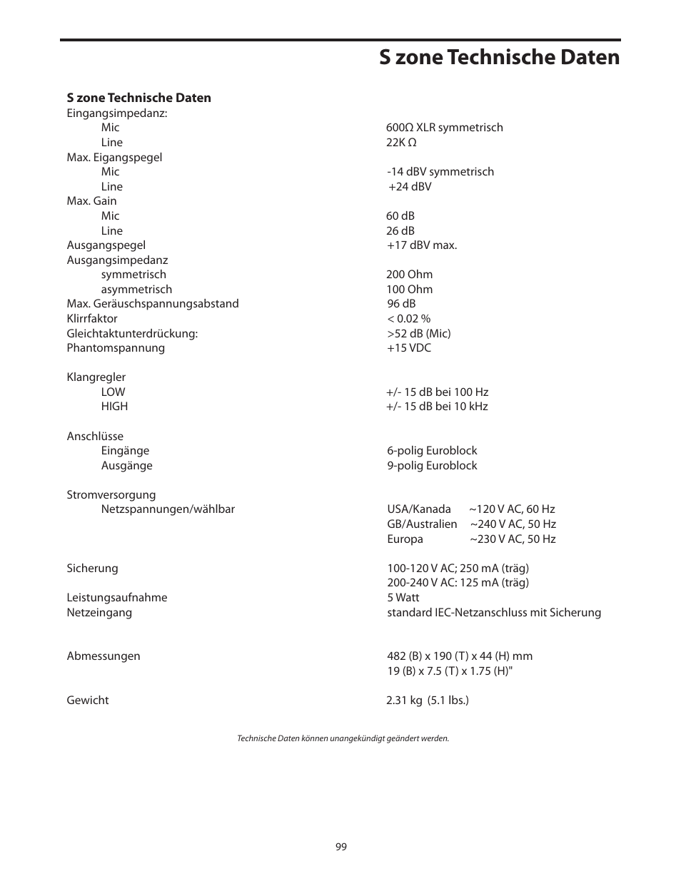 S zone technische daten | Samson SZONE 4 Channel/4 Zone Stereo Mixer User Manual | Page 103 / 108