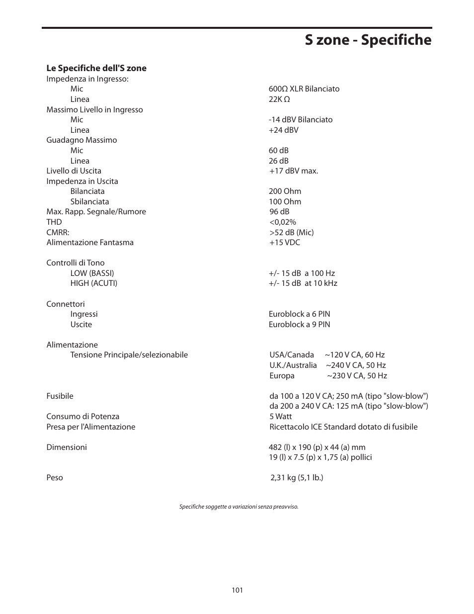 S zone - specifiche | Samson SZONE 4 Channel/4 Zone Stereo Mixer User Manual | Page 105 / 108