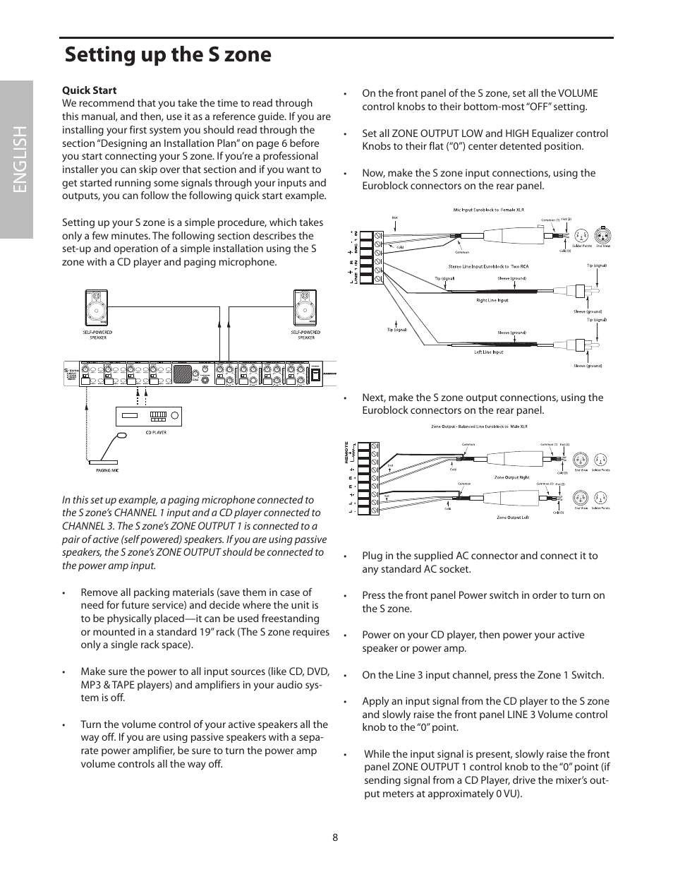 Setting up the s zone, Quick start, English | Samson SZONE 4 Channel/4 Zone Stereo Mixer User Manual | Page 12 / 108
