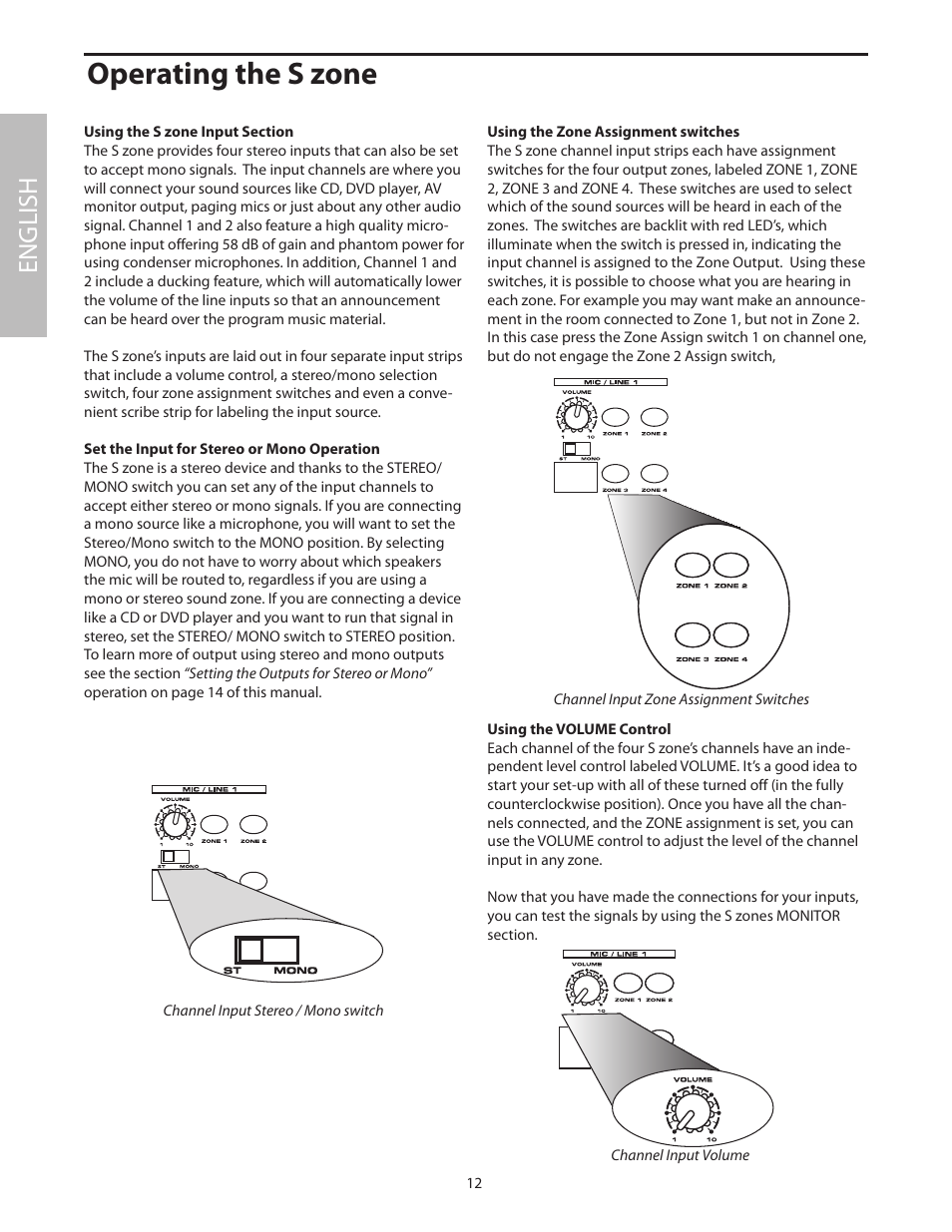 Operating the s zone, Using the s zone input section, English | Samson SZONE 4 Channel/4 Zone Stereo Mixer User Manual | Page 16 / 108