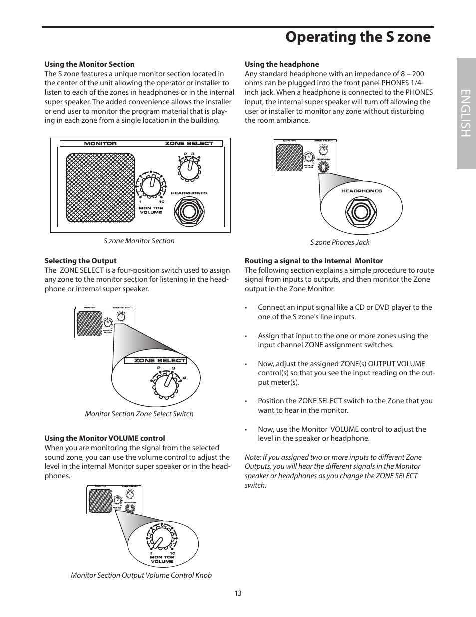 Using the monitor section, Operating the s zone, English | Samson SZONE 4 Channel/4 Zone Stereo Mixer User Manual | Page 17 / 108