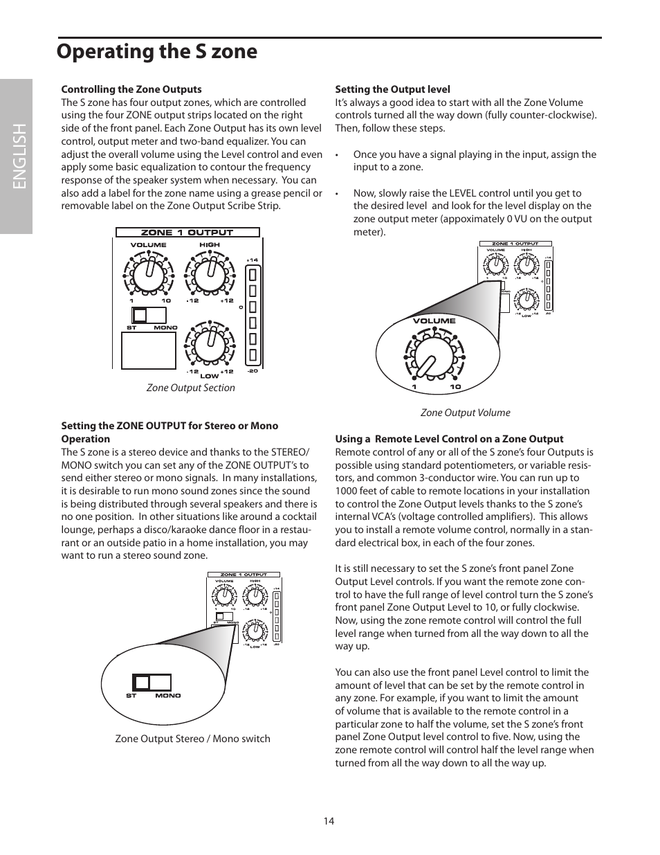 Controlling the zone outputs, Using a remote level control on a zone output, Operating the s zone | English | Samson SZONE 4 Channel/4 Zone Stereo Mixer User Manual | Page 18 / 108
