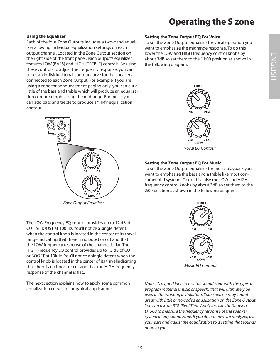 Using the equalizer, Operating the s zone, English | Samson SZONE 4 Channel/4 Zone Stereo Mixer User Manual | Page 19 / 108