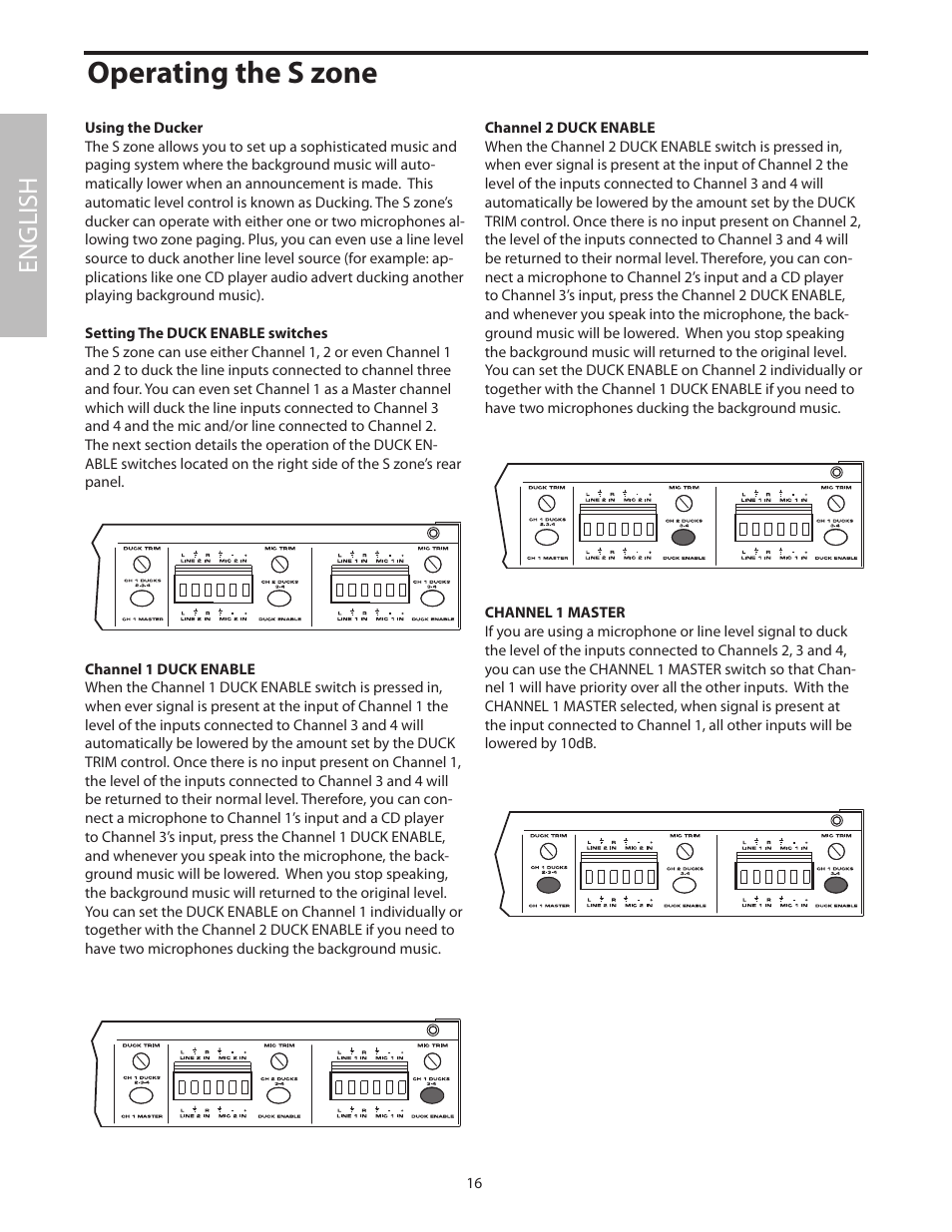 Using the ducker, Operating the s zone, English | Samson SZONE 4 Channel/4 Zone Stereo Mixer User Manual | Page 20 / 108