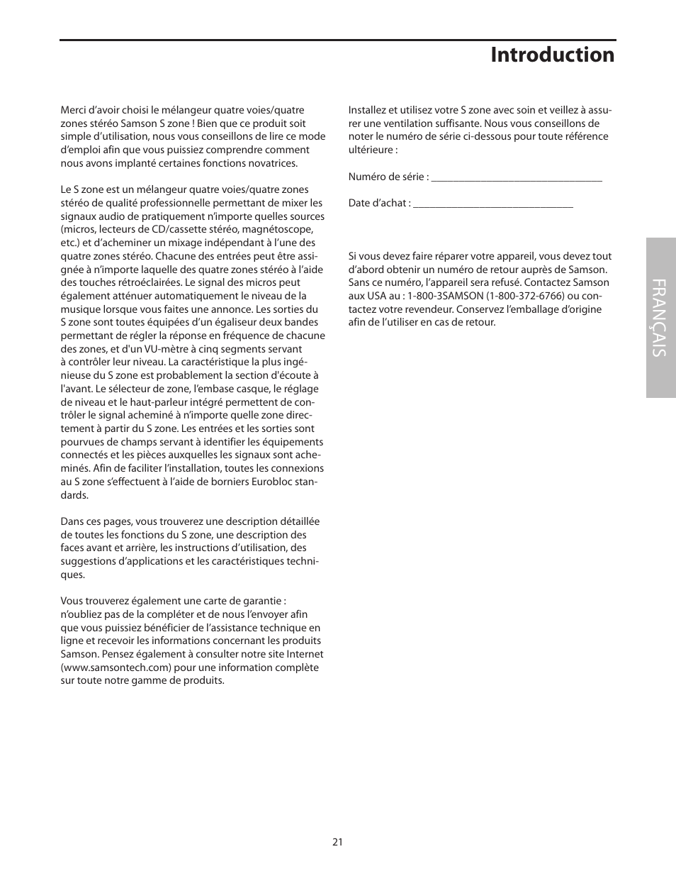 Français, Introduction, Fr anç ais | Samson SZONE 4 Channel/4 Zone Stereo Mixer User Manual | Page 25 / 108