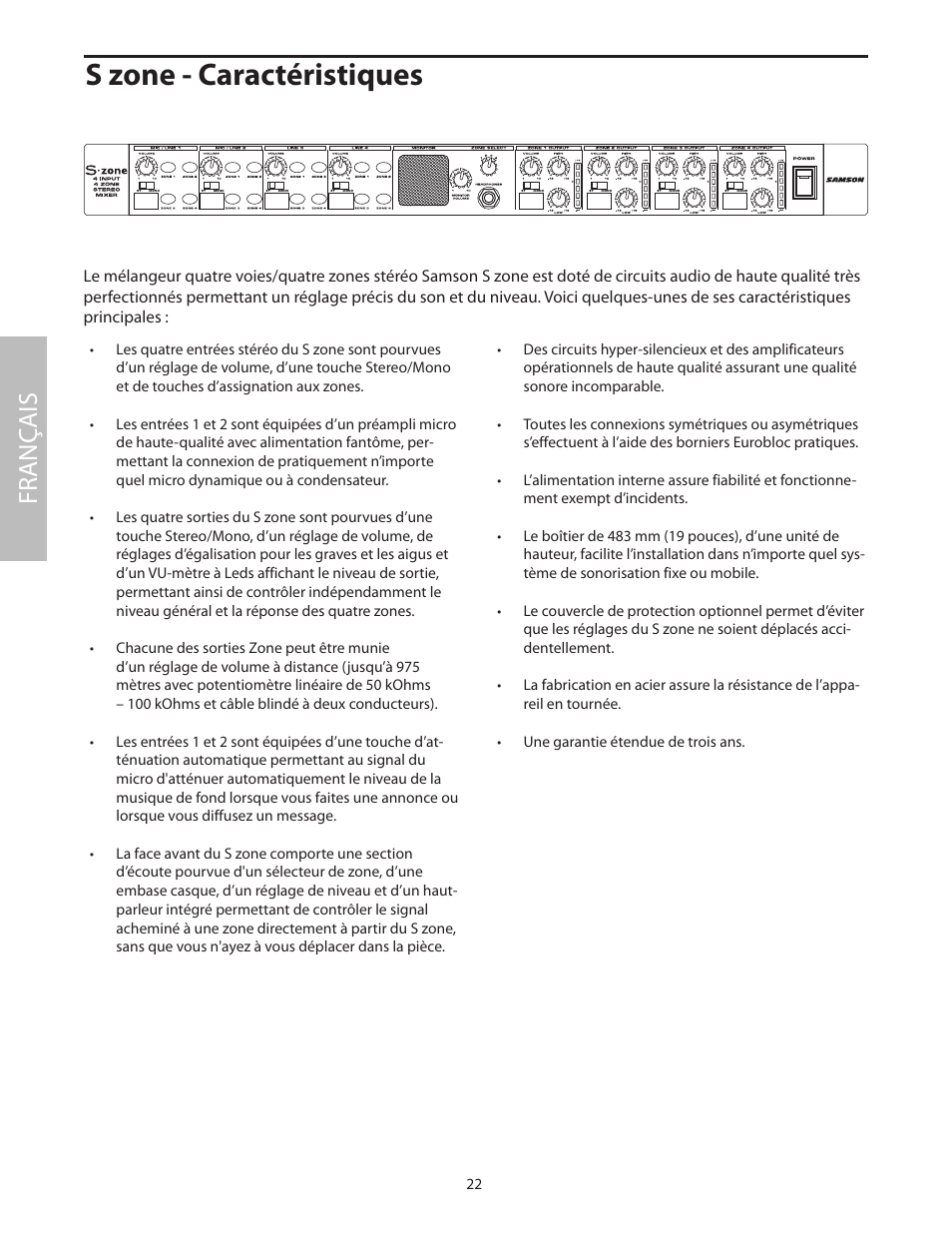 S zone - caractéristiques, Fr anç ais | Samson SZONE 4 Channel/4 Zone Stereo Mixer User Manual | Page 26 / 108