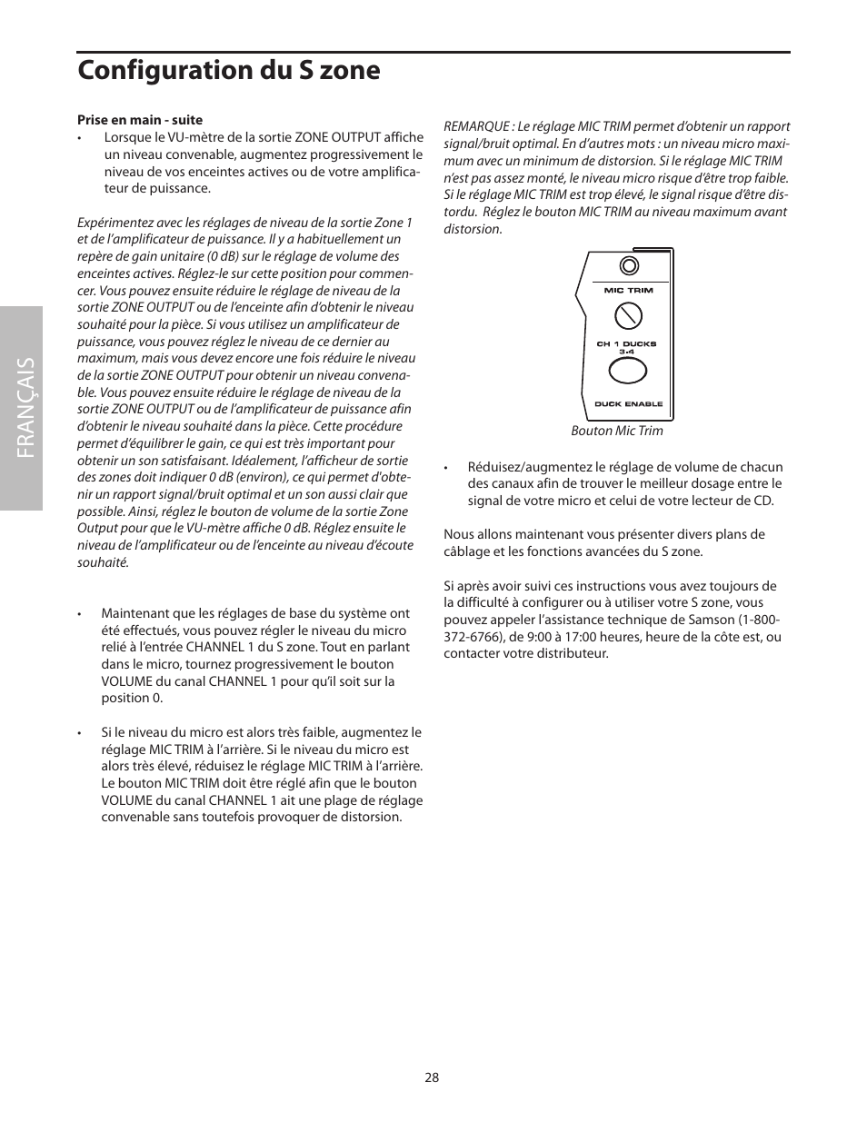 Configuration du s zone, Fr anç ais | Samson SZONE 4 Channel/4 Zone Stereo Mixer User Manual | Page 32 / 108