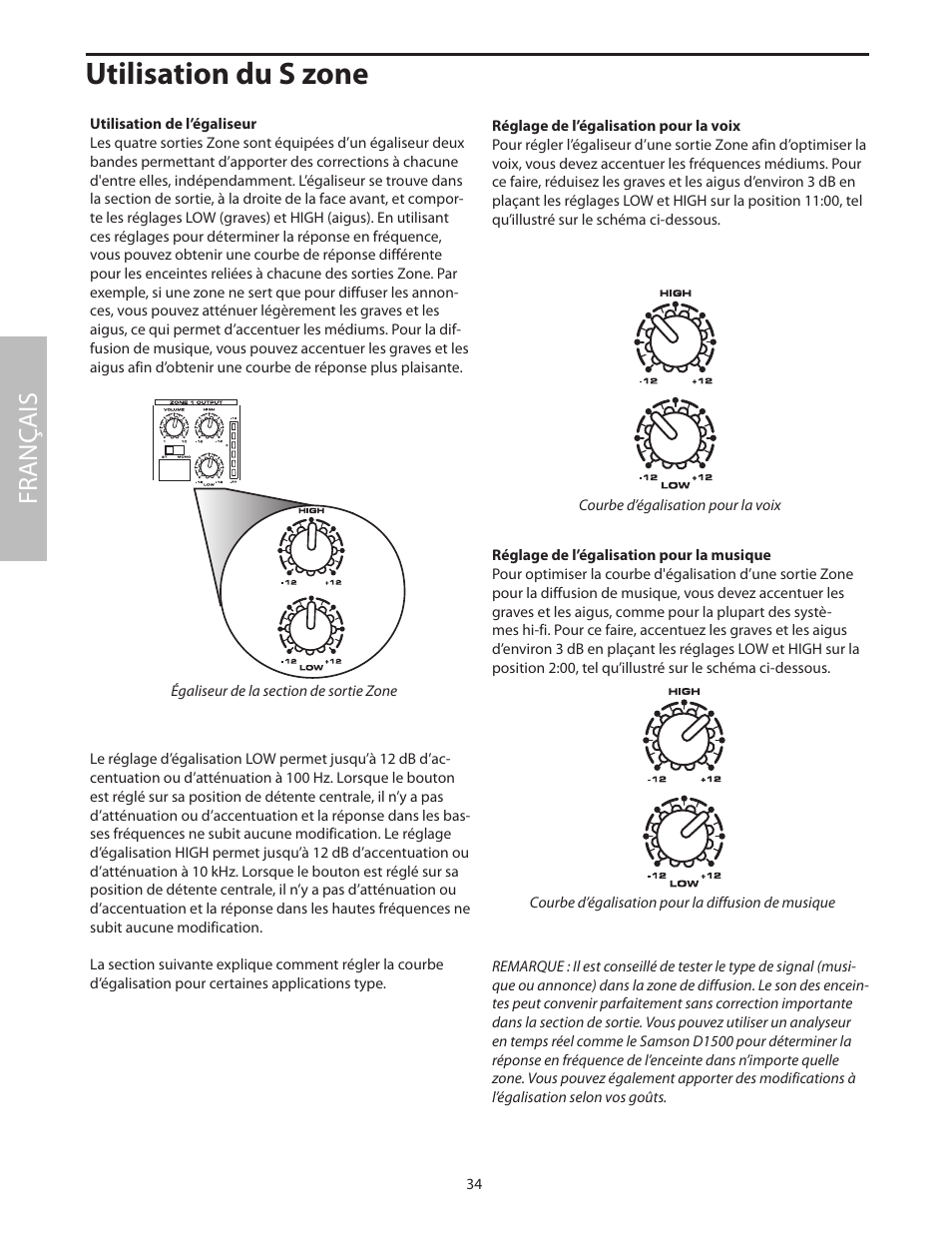 Utilisation de l’égaliseur, Utilisation du s zone, Fr anç ais | Samson SZONE 4 Channel/4 Zone Stereo Mixer User Manual | Page 38 / 108
