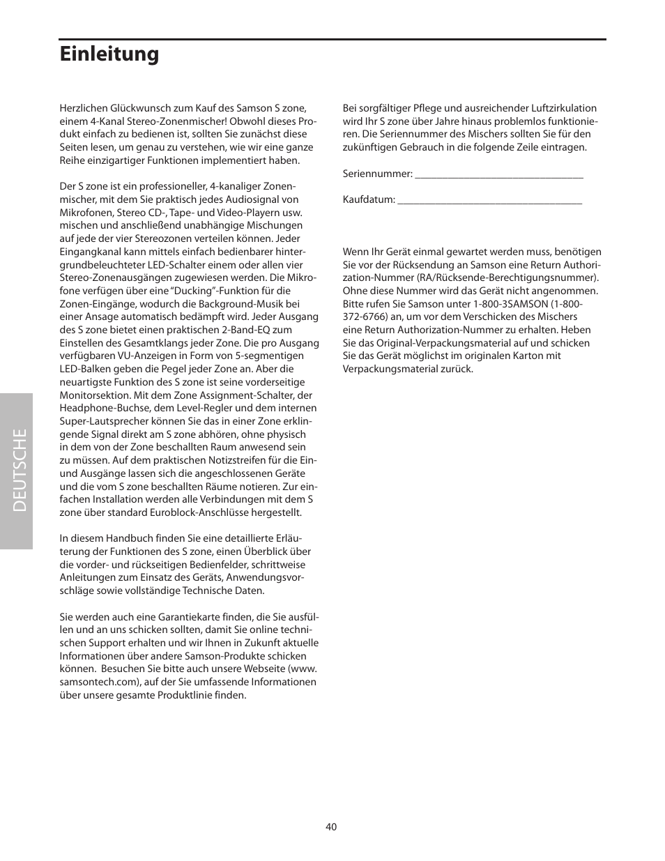 Deutsche, Einleitung, Deut sche | Samson SZONE 4 Channel/4 Zone Stereo Mixer User Manual | Page 44 / 108