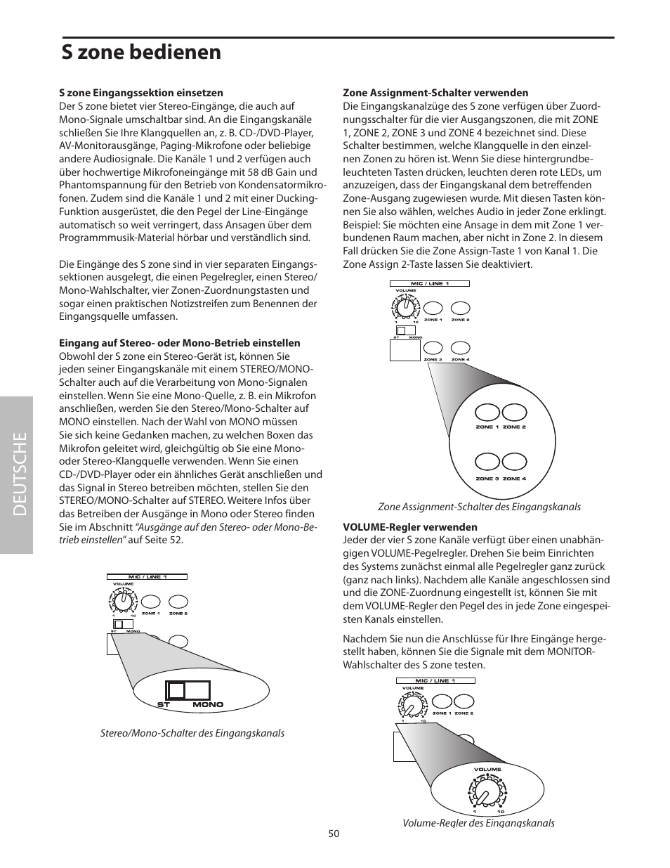 S zone bedienen, S zone eingangssektion einsetzen, Deut sche | Samson SZONE 4 Channel/4 Zone Stereo Mixer User Manual | Page 54 / 108